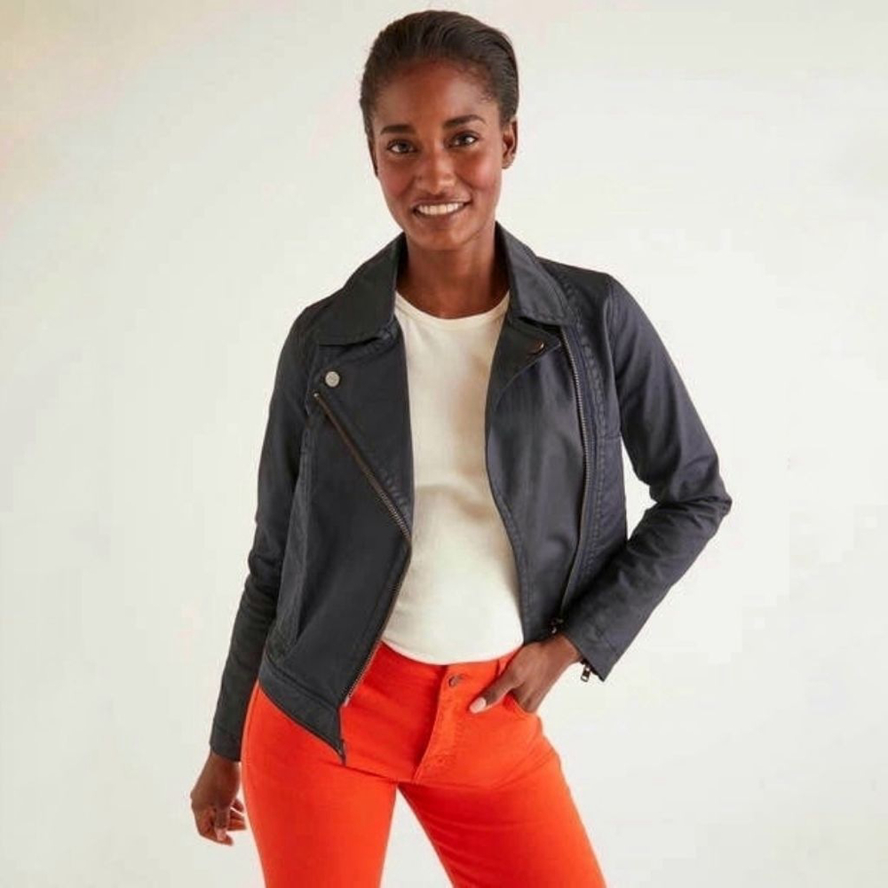 Boden wren moto biker jacket dark navy blue coated denim women's size 12
